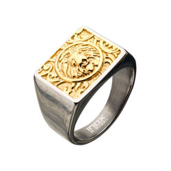 Steel Gold Plated Lion Signet Ring