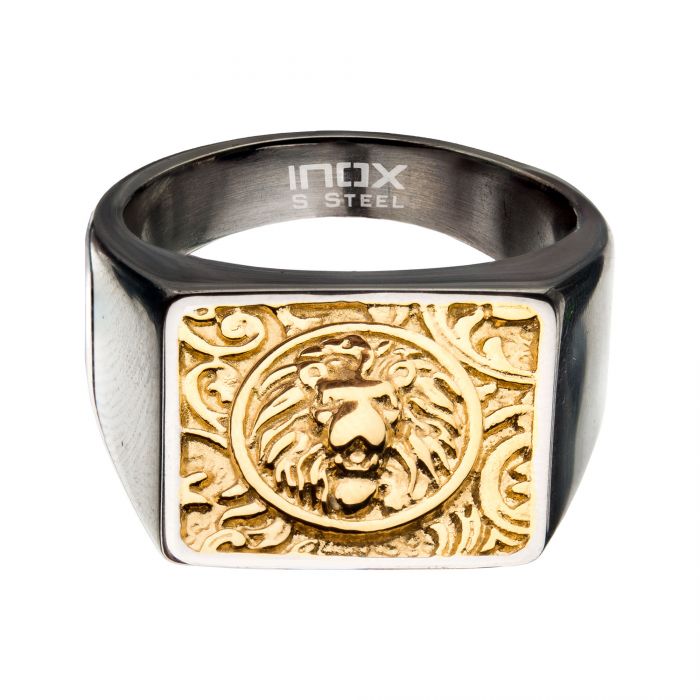 Steel Gold Plated Lion Signet Ring