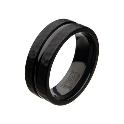 Black Zirconium Hammered Ring with Center Groove