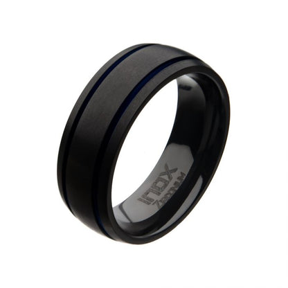 Black Zirconium Ring with Blue Grooves