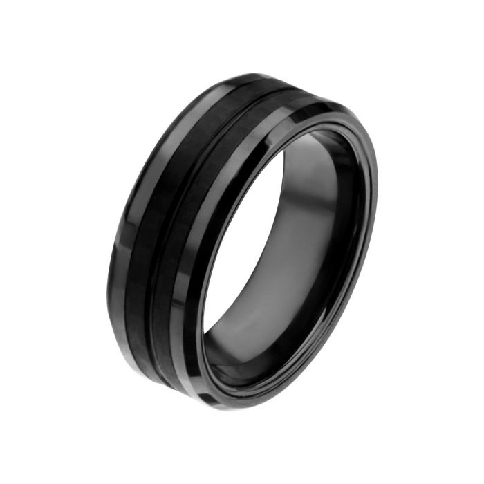 INOX | Black Ring with Double Carbon Fiber Inlays