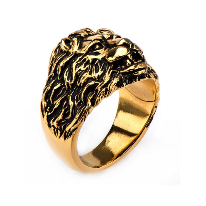 Stainless Steel Gold Plated Lion Crest Ring