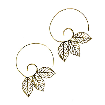 BE084| Triple Leaf Spiral Brass Earrings