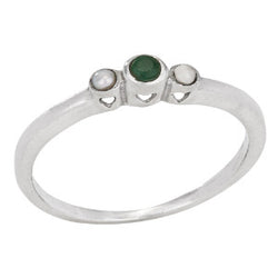 Sterling Silver Round Emerald w/ 2 Pearls Ring