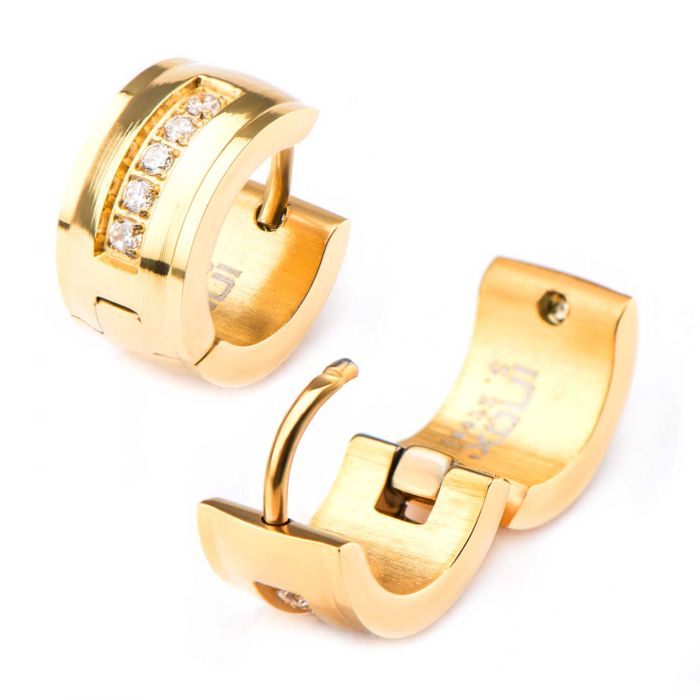Gold Plated CZ Inlay Domed Huggie Earrings