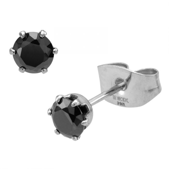 Stainless Steel Black CZ Stud Earrings