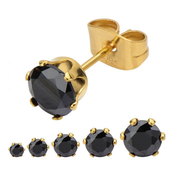 Gold Plated Steel with Black CZ Stud Earrings