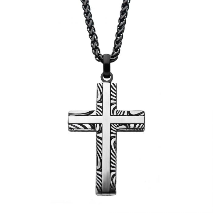 Stainless Steel Damascus Cross Pendant w/ 24" Black Round Wheat Chain