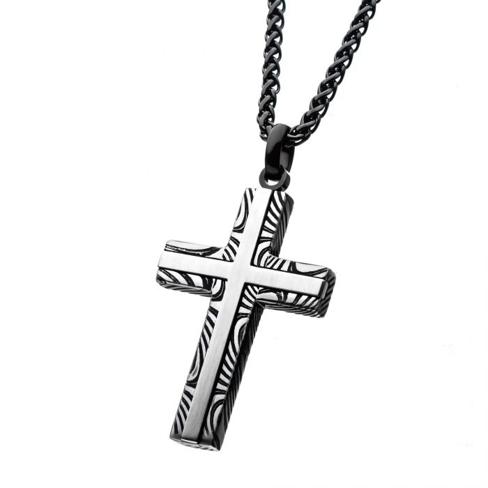 Stainless Steel Damascus Cross Pendant w/ 24" Black Round Wheat Chain